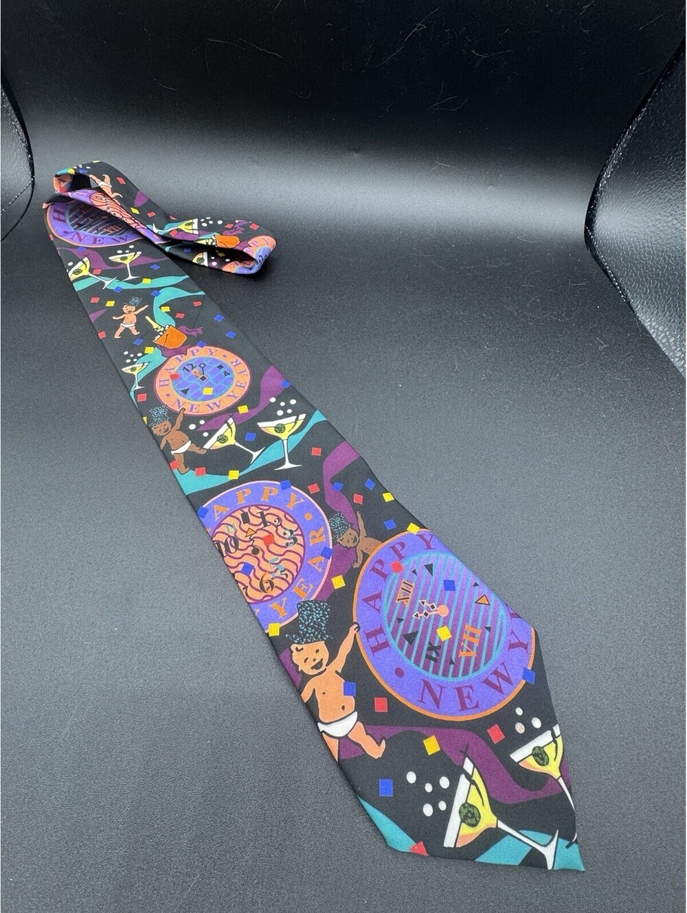Vintage 1993 Ralph Marlin Happy New Years Baby Martini Glass Novelty Necktie 54”